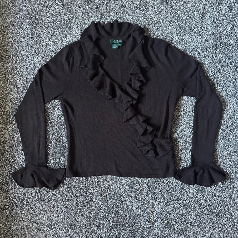 Lauren Ralph Lauren Ruffle Silk Cashmere Sweater Brown Bell Sleeve P/M